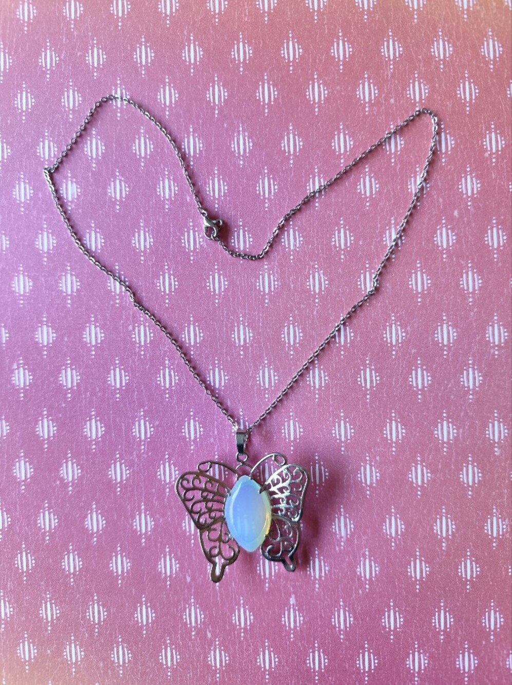 3/$25💙Opal-Effect Butterfly Pendant Necklace - Silver Tone